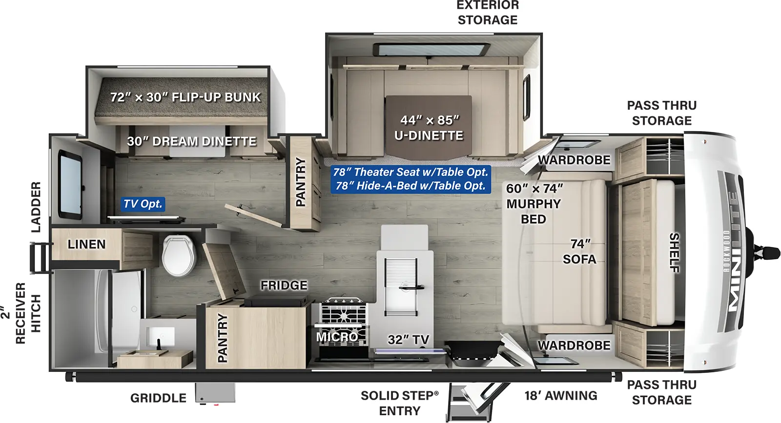 The Rockwood Mini Lite 2519S has one entry and two slide outs. Exterior features include: fiberglass exterior and 18' awning. Interiors features include: bunk beds, u-dinette and murphy bed.